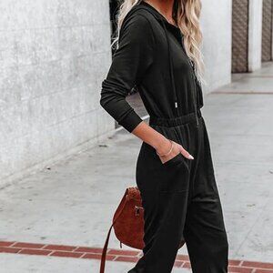 Black Long-Sleeve Hooded Zip-Up Jumpsuit with Cinched Ankles | Size XL